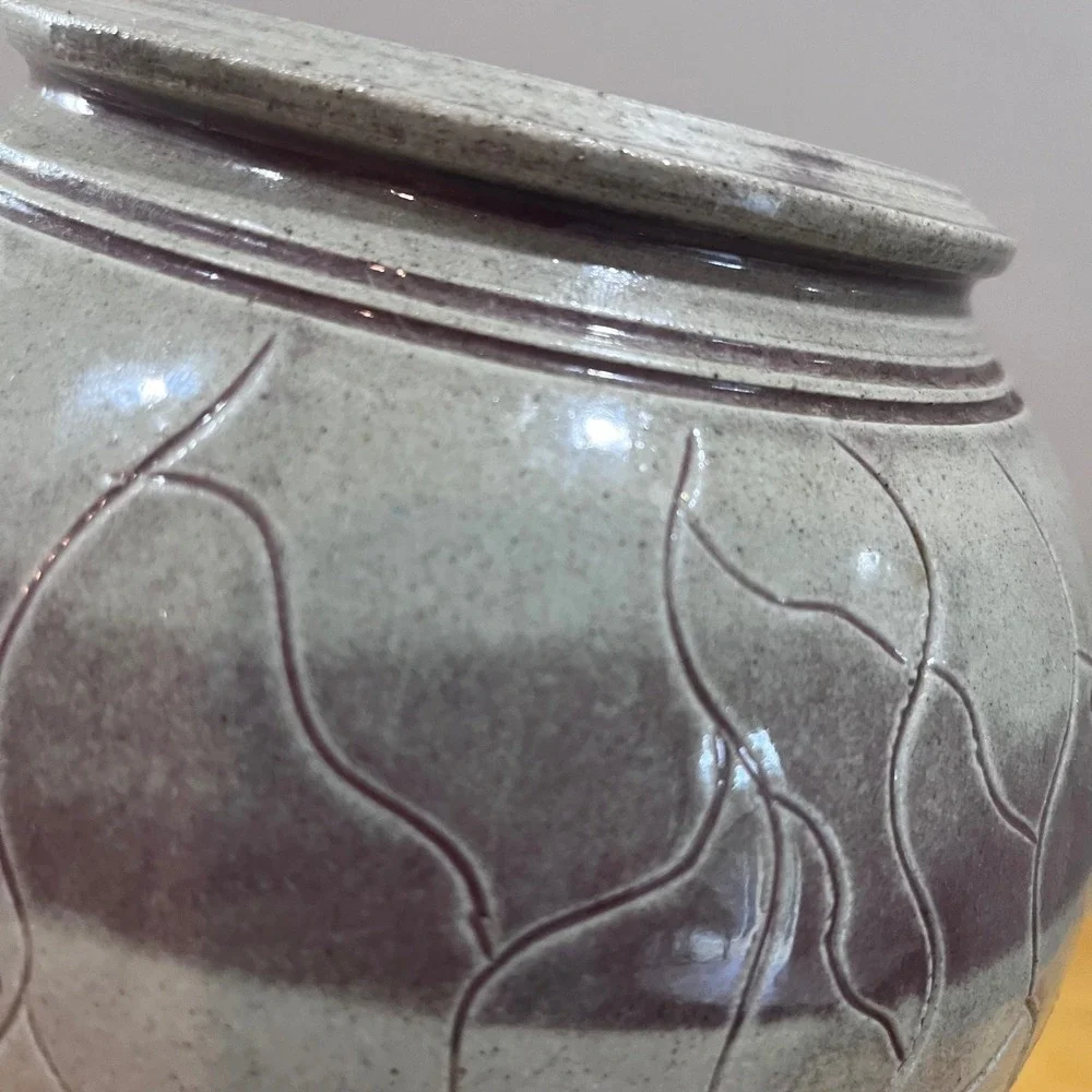 Vtg 1991 Loy Carpenter Studio Pottery Lidded Ginger Jar Gray Plum Postmodern Art